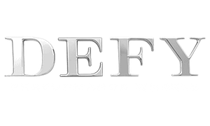 Shiny metallic, 3D text spelling 'DEFY' (silver logo-style lettering).