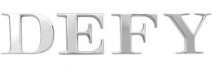The word 'DEFY' in large silver-metallic letters with a dark shadow behind.